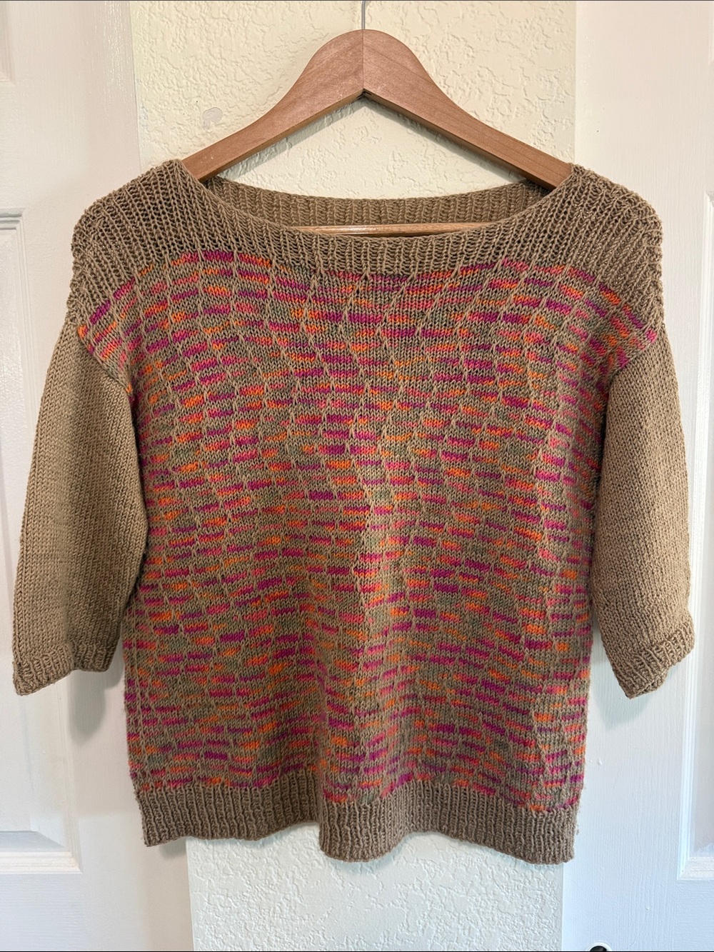 Taupe Knit Sweater with Pink & Orange Pattern